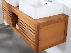 Vente-unique Conjunto De Baño|Mueble doble lavabo de madera de acacia y espejos - 130 cm - PENEBEL