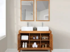 Vente-unique Conjunto De Baño|Mueble doble lavabo de madera de acacia - 130 cm - 2 espejos 90 x 60 cm - PULUKAN