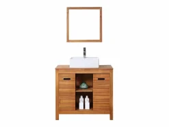 Vente-unique Mueble doble lavabo de madera de acacia - 90 cm - 1 espejo - 60 x 60 cm - PULUKAN Color natural oscuro Discount