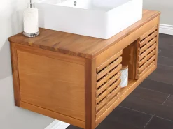 Vente-unique Mueble doble lavabo de madera de acacia y espejo - 90 cm - PENEBEL Color natural oscuro Discount