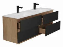 Vente-unique Mueble De Baño Con Doble Lavabo|Mueble doble lavabo de sobreponer - Color natural claro y negro - 150 cm - SABURI
