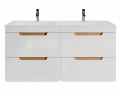 Vente-unique Mueble De Baño Con Doble Lavabo|Mueble doble lavabo flotante color natural y blanco para baño, L120 cm, ARUBA