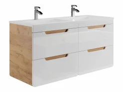Vente-unique Mueble De Baño Con Doble Lavabo|Mueble doble lavabo flotante color natural y blanco para baño, L120 cm, ARUBA