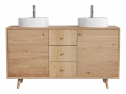 Vente-unique Mueble De Baño Con Doble Lavabo|Mueble en roble con doble lavabo redondo sobre encimera y grifo - Roble natural claro - 145 cm - ZARENO