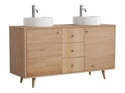 Vente-unique Mueble De Baño Con Doble Lavabo|Mueble en roble con doble lavabo redondo sobre encimera y grifo - Roble natural claro - 145 cm - ZARENO