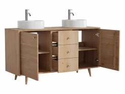 Vente-unique Mueble De Baño Con Doble Lavabo|Mueble en roble con doble lavabo redondo sobre encimera y grifo - Roble natural claro - 145 cm - ZARENO