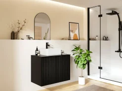 Vente-unique Mueble flotante con lavabo rayado y tablero, L80 cm, ZILGA Negro Outlet