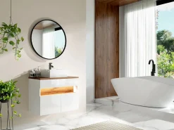 Mueble flotante de lavabo con LEDs, blanco y natural oscuro, L80 cm, POZEGA^Vente-unique Outlet