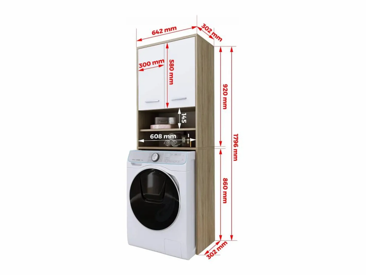 Mueble lavadora, 2 armarios, 180 x 64 x 30 cm, roble Sonoma, blanco mate Marru00f3n Hot