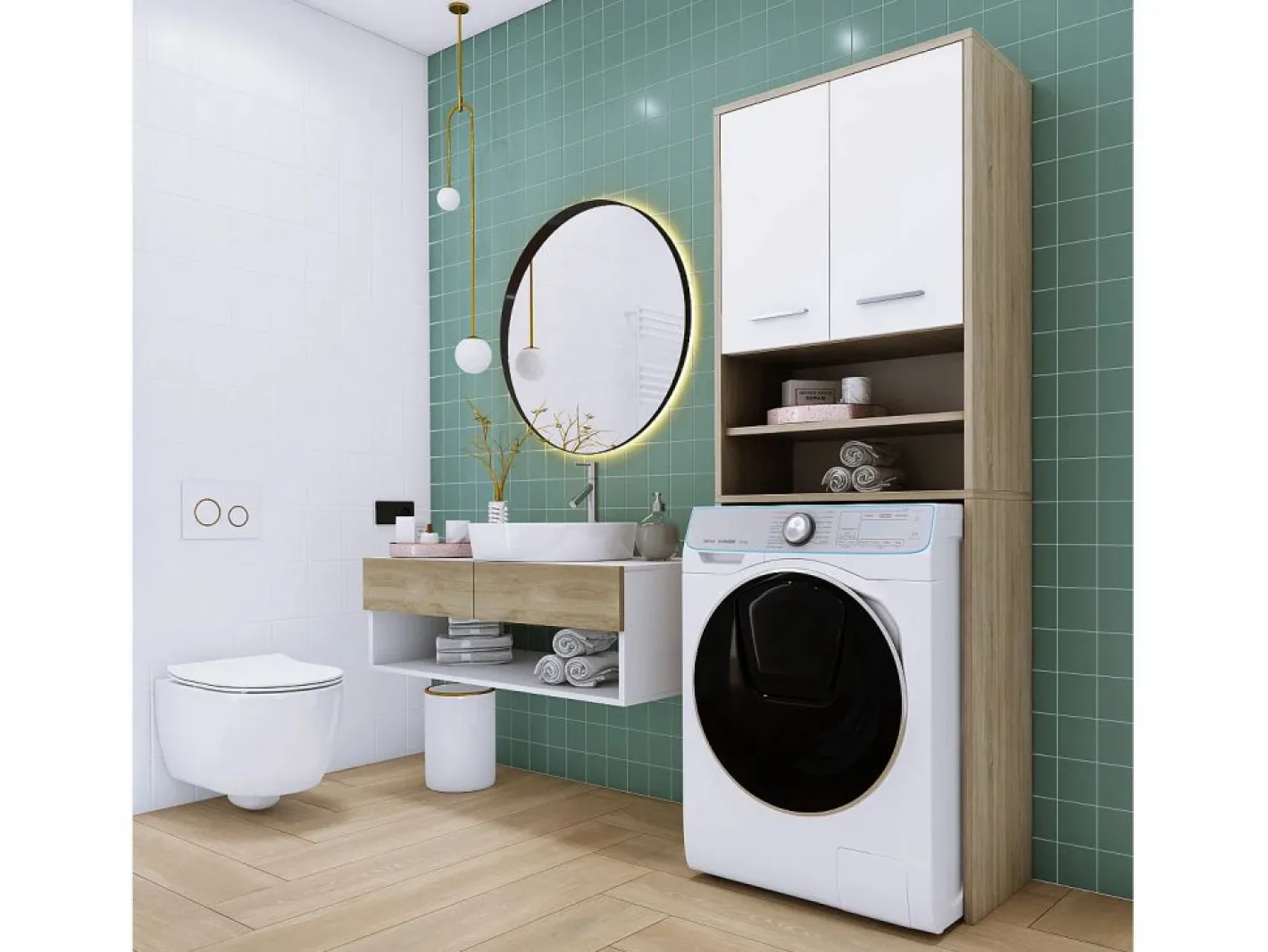 Mueble lavadora, 2 armarios, 180 x 64 x 30 cm, roble Sonoma, blanco mate Marru00f3n Hot