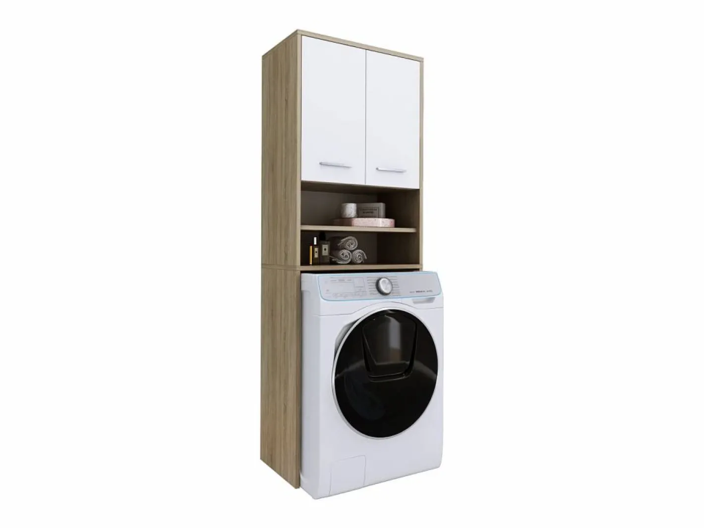Mueble lavadora, 2 armarios, 180 x 64 x 30 cm, roble Sonoma, blanco mate Marru00f3n Hot