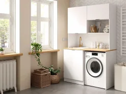 Vente-unique Mueble multifunción - Con encimera de 120 cm - Blanco y natural - CARMEO Color natural claro / Blanco Clearance