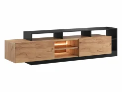 Vente-unique Mueble Tv|Mueble para TV con 2 puertas y 6 estantes con LEDs - Natural claro y Antracita - IDESIA