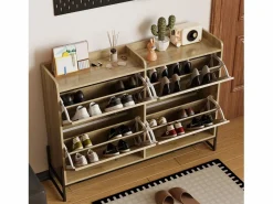 ModernLuxe Zapatero|Mueble De Almacenaje|Mueble para zapatos 121×25×91,5 cm - con 4 puertas abatibles de ratán - paneles de partículas - natural