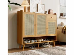 Mueble para zapatos de ratán natural 120×35×106 cm - con 3 puertas y 1 cajón - panel de partículas - natural^ModernLuxe New