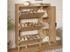 ModernLuxe Mueble para zapatos moderno 110×24×137,5 cm - con 3 puertas abatibles - con espejo - Patas de madera maciza - Natural Color natural claro New