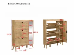 ModernLuxe Mueble para zapatos moderno 110×24×137,5 cm - con 3 puertas abatibles - con espejo - Patas de madera maciza - Natural Color natural claro New