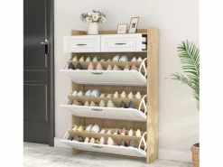 Mueble para zapatos 80x23.5x125 cm - con tres grandes frontales abatibles - con 2 cajones - blanco + natural^ModernLuxe Best