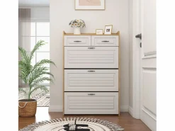 Mueble para zapatos 80x23.5x125 cm - con tres grandes frontales abatibles - con 2 cajones - blanco + natural^ModernLuxe Best