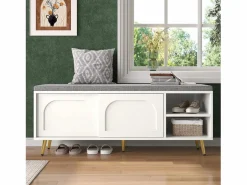 ModernLuxe Banco Y Pie De Cama|Banco Y Pie De Cama|Mueble para zapatos 121x35x49cm - con cojín - puertas correderas y estantes abiertos -