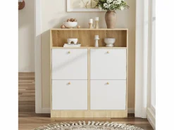 ModernLuxe Mueble para zapatos 90x24x104,5cm - con 4 puertas abatibles - con estantes abiertos - Blanco + Natural Color natural claro / Blanco Sale