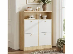 ModernLuxe Mueble para zapatos 90x24x104,5cm - con 4 puertas abatibles - con estantes abiertos - Blanco + Natural Color natural claro / Blanco Sale