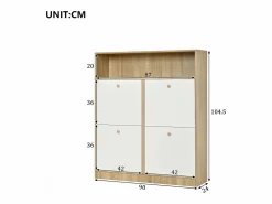 ModernLuxe Mueble para zapatos 90x24x104,5cm - con 4 puertas abatibles - con estantes abiertos - Blanco + Natural Color natural claro / Blanco Sale