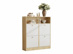 ModernLuxe Mueble para zapatos 90x24x104,5cm - con 4 puertas abatibles - con estantes abiertos - Blanco + Natural Color natural claro / Blanco Sale