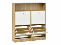 ModernLuxe Mueble para zapatos 90x24x104,5cm - con 4 puertas abatibles - con estantes abiertos - Blanco + Natural Color natural claro / Blanco Sale