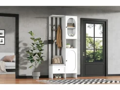 Perchero|Mueble recibidor compacto con 2 puertas, cristal templado y banco, tablero de partículas, (85x33,5x200cm)