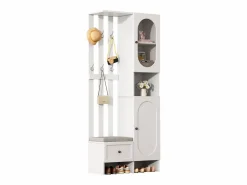 Perchero|Mueble recibidor compacto con 2 puertas, cristal templado y banco, tablero de partículas, (85x33,5x200cm)