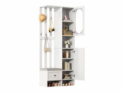 Perchero|Mueble recibidor compacto con 2 puertas, cristal templado y banco, tablero de partículas, (85x33,5x200cm)