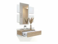 duehome Mueble recibidor con 1 cajón y espejo en blanco mate y roble canadian 75 cm Milo Blanco Artik (Blanco Mate) - Roble Canadian Color natural claro Discount
