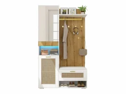 Mueble recibidor Espejo integrado y banco 110x38x190cm Puertas efecto ratán MDF y tablero de partículas y efecto madera ganchos dorados iluminación LED Blanco Discount