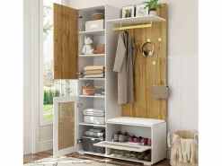 Mueble recibidor Espejo integrado y banco 110x38x190cm Puertas efecto ratán MDF y tablero de partículas y efecto madera ganchos dorados iluminación LED Blanco Discount