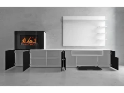 Skraut Home Mueble Tv|Mueble salón comedor con chimenea eléctrica, acabado Mate/ Brillo Lacado, 290x45x170cm