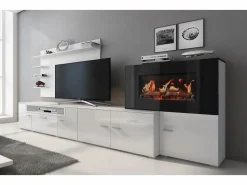Skraut Home Mueble Tv|Mueble salón comedor con chimenea eléctrica, acabado Mate/ Brillo Lacado, 290x45x170cm