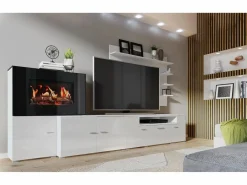 Skraut Home Mueble Tv|Mueble salón comedor con chimenea eléctrica, acabado Mate/ Brillo Lacado, 290x45x170cm