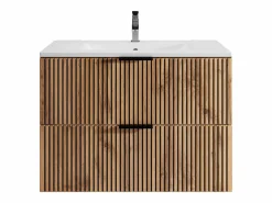 Vente-unique Mueble De Baño Simple|Mueble suspendido estriado con lavabo encastrado, natural claro y negro, 80 cm, MADELA