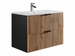 Vente-unique Mueble De Baño Simple|Mueble suspendido estriado con lavabo encastrado, natural claro y negro, 80 cm, MADELA