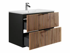 Vente-unique Mueble De Baño Simple|Mueble suspendido estriado con lavabo encastrado, natural claro y negro, 80 cm, MADELA