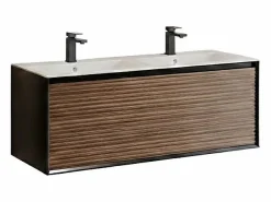 Mueble suspendido estriado con lavabo y grifo - Natural oscuro y negro - 120 cm - BANIVA^Vente-unique Best