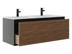 Mueble suspendido estriado con lavabo y grifo - Natural oscuro y negro - 120 cm - BANIVA^Vente-unique Best