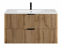 Vente-unique Mueble De Baño Simple|Mueble suspendido estriado con lavabo encastrado, natural claro y negro, 100 cm, MADELA