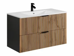 Vente-unique Mueble De Baño Simple|Mueble suspendido estriado con lavabo encastrado, natural claro y negro, 100 cm, MADELA