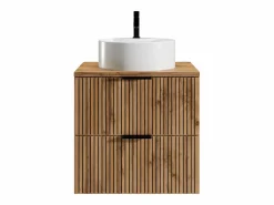 Vente-unique Mueble De Baño Simple|Mueble suspendido estriado con lavabo sobre encimera redondo, natural claro y negro, 60 cm, MADELA