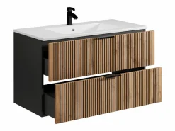 Mueble suspendido estriado y lavabo encastrado + columna efecto madera y negro, 100 cm, MADELA^Vente-unique Sale