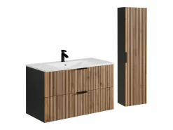 Mueble suspendido estriado y lavabo encastrado + columna efecto madera y negro, 100 cm, MADELA^Vente-unique Sale