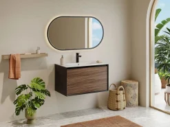 Vente-unique Mueble De Baño Simple|Mueble suspendido rayado con lavabo encastrado - Natural oscuro y negro - 80 cm - BANIVA