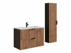 Vente-unique Mueble suspendido y lavabo encastrado + columna natural claro y negro, 60 cm, MADELA Negro / Color natural claro Discount